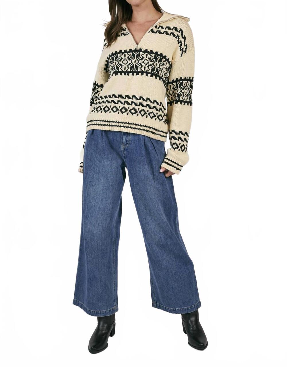 NEW SAGE THE LABEL great outdoors half zip sweater in cream & black